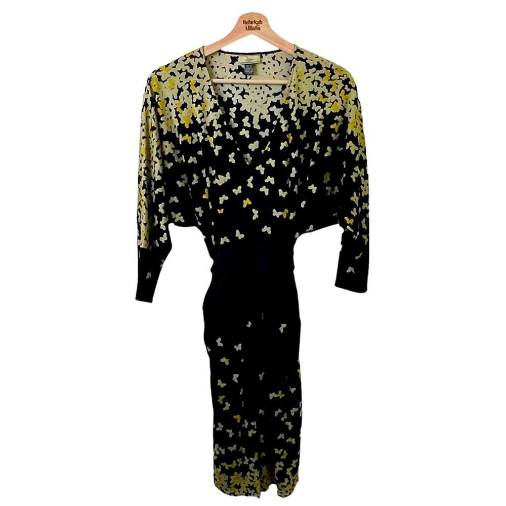 Issa London Black & Yellow Butterflies Cinch Waist Belted Dress SZ 4